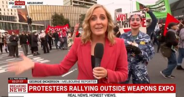 The woman (pictured right), who calls herself Nikki on social media, was one of around 1,200 anti-war demonstrators who descended on the Land Forces 2024 weapons expo