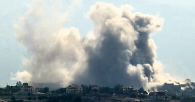 Smoke rises from the site of an Israeli airstrike on the Lebanese village of Khiam this morning