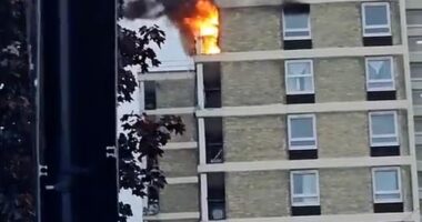 The London Fire Brigade said the fire started in a flat on the tenth floor in a block of 15, and the 'balcony and flat interior are currently alight'