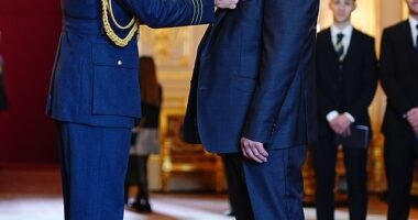 Prince William is pictured honouring Ally McCoist with an OBE for services to football and broadcasting at Windsor Castle on October 2