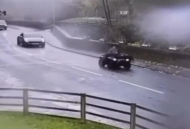 A farmer was captured on CCTV driving through Lancashire with two lads, aged 17 and 20, strapped across his quad bike after accusing them of trespassing