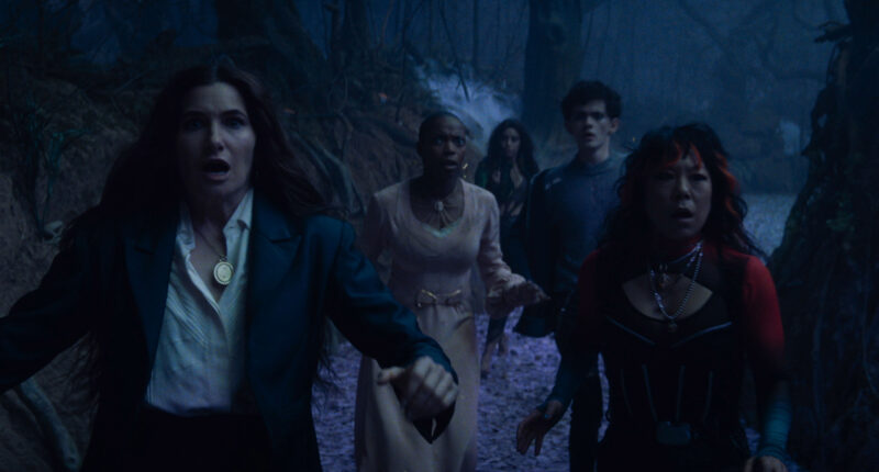 Agatha Harkness (Kathryn Hahn), Jennifer Kale (Sasheer Zamata), Rio Vidal (Aubrey Plaza), Teen (Joe Locke) and Alice Wu-Gulliver (Ali Ahn) in Marvel Television's AGATHA ALL ALONG