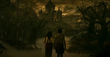 (L-R) Agatha Harkness (Kathryn Hahn) and Billy Maximoff (Joe Locke) in Marvel Television's AGATHA ALL ALONG, exclusively on Disney+.