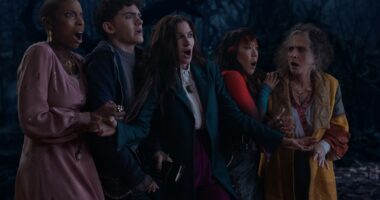 (L-R) Jennifer Kale (Sasheer Zamata), Teen (Joe Locke), Agatha Harkness (Kathryn Hahn), Alice Wu-Gulliver (Ali Ahn), and Lilia Calderu (Patti LuPone) in Marvel Television's AGATHA ALL ALONG, exclusively on Disney+.