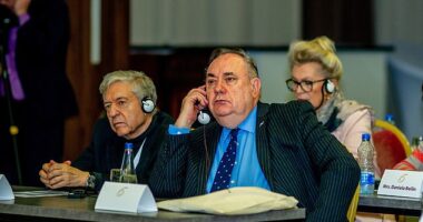 The former First Minister, who died of a suspected heart attack yesterday during lunch at a conference in Macedonia, made a name for himself by fiercely fighting for his nation. Pictured: Mr Salmond at the conference on the day before his death