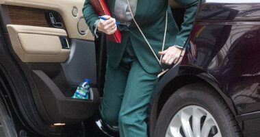 Deputy Prime Minister Angela Rayner stepped out of a blacked-out car in a jade green suit with her ginger hair down in tresses