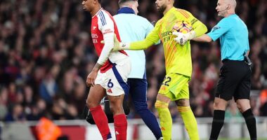 Arsenal 's defensive crisis has reached a new low after Gabriel trudged off injured