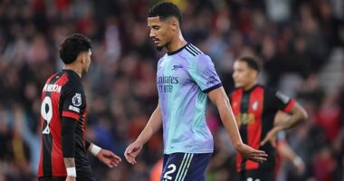 William Saliba became the third Arsenal player to be sent off this season after being shown a red at Bournemouth