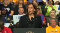 Kamala Harris was left repeating the same phrase after her teleprompter appeared to malfunction in an embarrassing gaffe at her latest rally