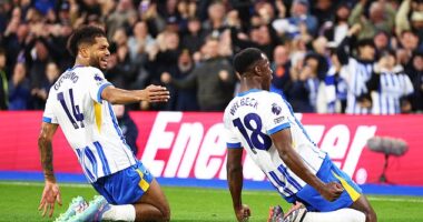 Georginio Rutter (left) and Danny Welbeck (right) both scored as Brighton beat Spurs 3-2