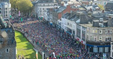 The runner collapsed at the finish line of the Cardiff Half Marathon over the weekend. Pictured: An aerial photo of the 2019 edition of the event