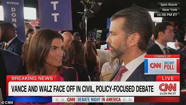 CNN anchor Kaitlan Collins and Donald Trump Jr. got into a tense exchange in the spin room after the vice presidential debate on Tuesday