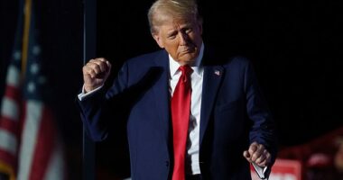 Former US President and Republican presidential nominee Donald Trump finishes remarks at a rally in Butler, Pennsylvania, USA, 05 October 2024