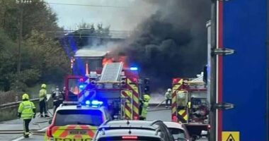 The blaze was first reported at around 9.20am, and the road is expected to remain shut until at least 2pm