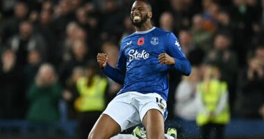 Substitute Beto celebrates after he scored a late equaliser for Everton against Fulham