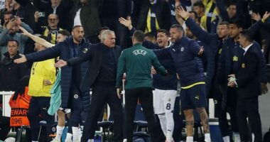 Jose Mourinho was sent to the stands as his Fenerbahce side drew 1-1 with Manchester United