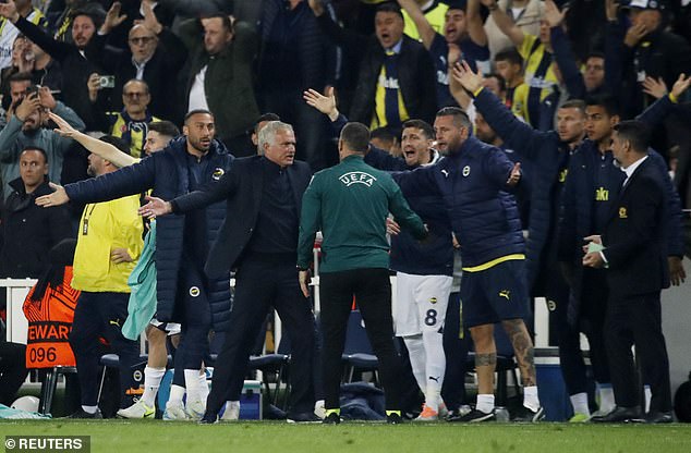 Jose Mourinho was sent to the stands as his Fenerbahce side drew 1-1 with Manchester United
