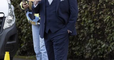 Gavin And Stacey's James Corden smartened up in a navy suit as he filmed scenes alongside pyjama clad Mathew Horne and Joanna Page as wedding preparations continued on Tuesday