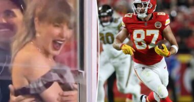 Giddy Taylor Swift celebrates Travis Kelce's surprising trick play