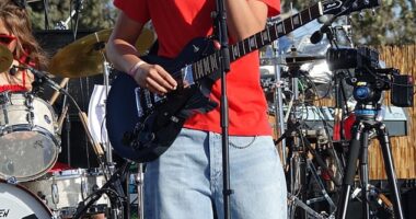 Curtis Stone and Lindsay Price's son Hudson, 13, performed with his band The Rookie5 at the BeachLife Nights festival in Hermosa Beach, Los Angeles, on Friday