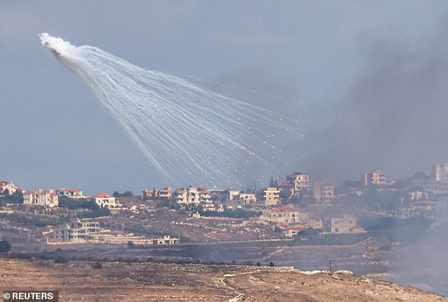 Artillery is fired by the Israeli Army into Lebanon, amid cross-border hostilities between Hezbollah and Israel, as seen from Jish, northern Israel October 2, 2024
