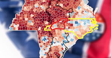 This map shows the counties worst affected by Hurricane Helene inside the bold black outline. North Carolina is shown by the yellow boundary, and the counties ringed in red are the ones in the north-west of the state that bore the brunt of the damage