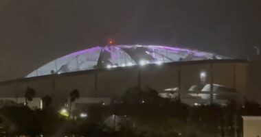 Hurricane Milton destroys dome of Tampa Bay Rays baseball stadium where first responders are sheltering as 'multiple' people are killed amid 'catastrophic' flooding and 120mph winds