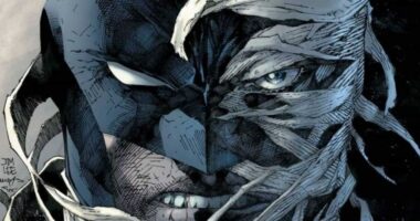 Batman and Hush's faces split in comic book cover art.