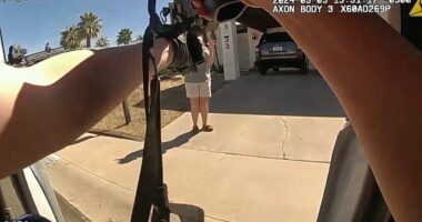 US Marshals are pictured arriving at Penny McCarthy's Phoenix home with their guns drawn.  They tell her to get her hands up, shout commands at her and threaten her multiple times with violence