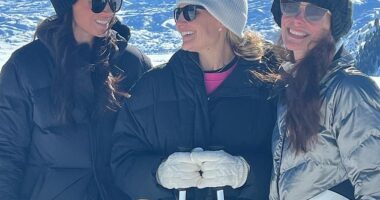 Meghan Markle (left) at Powder Mountain in Utah with Heather Dorak (centre) and best friend Kelly McKee Zajfen (right), in a photo posted on Instagram by both Dorak and Zajfen in March