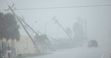 A motorist drives past broken utility poles downed by strong wind gusts as Hurricane Milton approaches Fort Myers, Florida