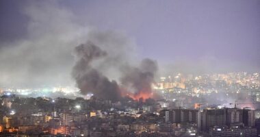 Smoke rises from the site of an Israeli airstrike that targeted a neighborhood in a southern Beirut suburb, on October 3