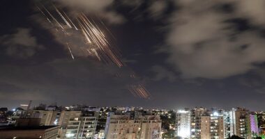 Israel's Iron Dome anti-missile system intercepts rockets, as seen from Ashkelon, Israel