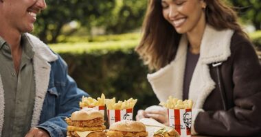 KFC Australia has brought back its iconic Tower Burger (center)  - and added an even bigger to the range (left) as well as a wrap (right)