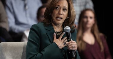 Democratic presidential nominee, U.S. Vice President Kamala Harris fields questions during a town hall style campaign event with former U.S. Rep. Liz Cheney
