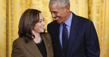 Former President Barack Obama talks with Vice President Kamala Harris at the White House