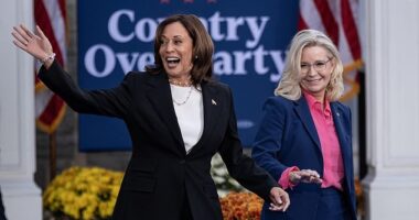 Vice President and Democratic Presidential nominee Kamala Harris walks out with former US representative Liz Cheney