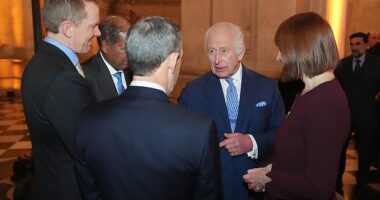 King Charles looked to be in high spirits as has arrived at a glitzy dinner reception at St Paul's Cathedral this evening - where Elton John is set to perform