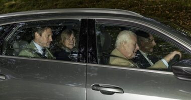 King Charles appeared poised and relaxed as he drove to Sunday service at Crathie Kirk this morning