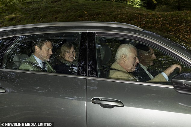 King Charles appeared poised and relaxed as he drove to Sunday service at Crathie Kirk this morning