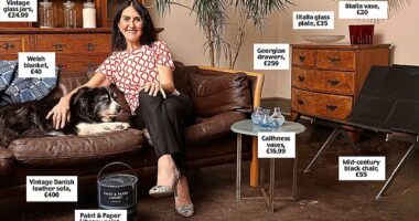 Liz Jones in her new home surrounded by the vintage pieces of furniture and antique ornaments she snapped up on eBay and other auction sites