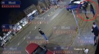 The CCTV footage shows how Amesbury, 55, appeared to be talking in an animated fashion with the man before suddenly knocking him down on the high street of the market town of Frodsham, Cheshire  at 2.15am on Saturday morning