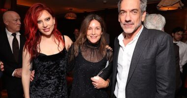 Lady Gaga, 38, showed off her figure in a velvet dress as she posed at the The Joker: Folie à Deux afterparty in Los Angeles on Monday L to R: Lady Gaga, Alexandra Kravetz, Todd Phillips