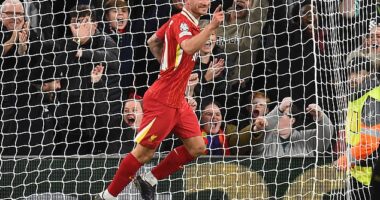 Alexis Mac Allister celebrates after his goal in the 11th minute put Liverpool in the lead