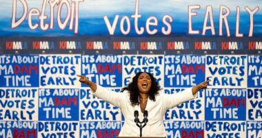 The singer, 36, who hails from Motor City, appeared alongside the Democratic presidential nominee at Western International High School in the city