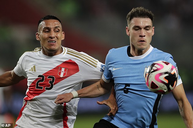 Manuel Ugarte was played in a back-three during Uruguay's 1-0 defeat by Peru on Friday