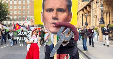 One protester held a placard mocking Sir Keir Starmer after his fumble during his speech at a Labour conference where he called for 'immediate ceasefire' in Gaza and 'a return of the sausages' when discussing the ongoing war between Israel and Hamas'
