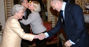 Mike Tindall has revealed what the British Royal Family are really like in private - and why it's 'nothing like Downton Abbey '. Pictured, Mike and Zara greeting the late Queen and Prince Philip in 2006