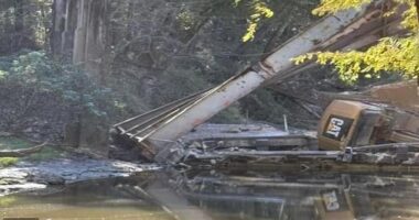 The bridge over Strong River on Highway 149 in Mississippi collapsed in a 'work-site accident' while a contractor was in the process of demolishing it for a bridge replacement project