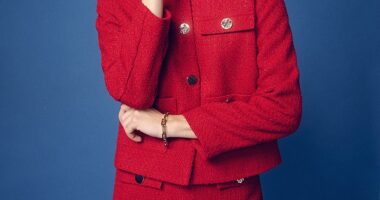 Jacket, £35, and skirt, £19.50, F&F at Tesco; tights, £34, heiststudios.com